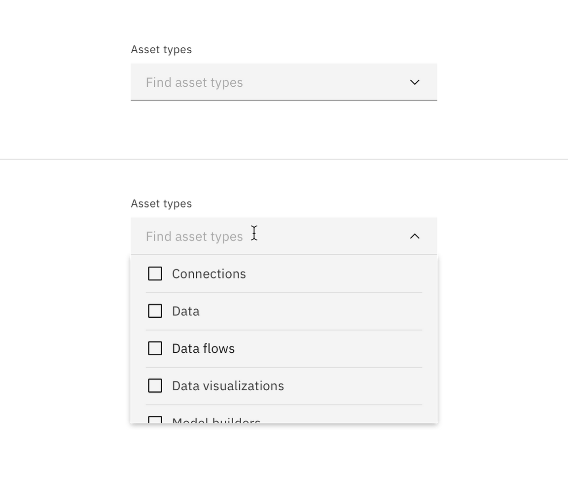 Filterable dropdown closed and open state.